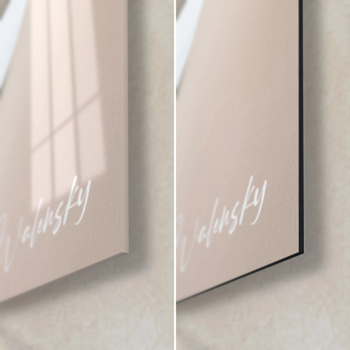 Schilderij met wit en zacht roze zijden lint, rechter onderhoek, glanzend glas links, mat Dibond-aluminium rechts, 3 mm dik