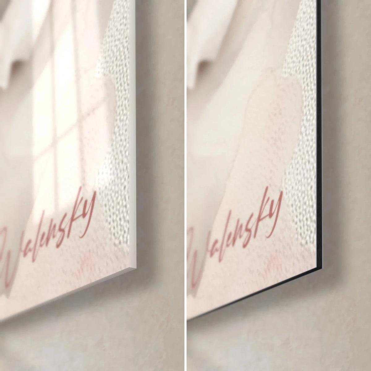 Wall art with airy watercolour wash in pink and lavender, bottom right corner with Walensky signature, glossy glass on the left, matte Dibond on the right