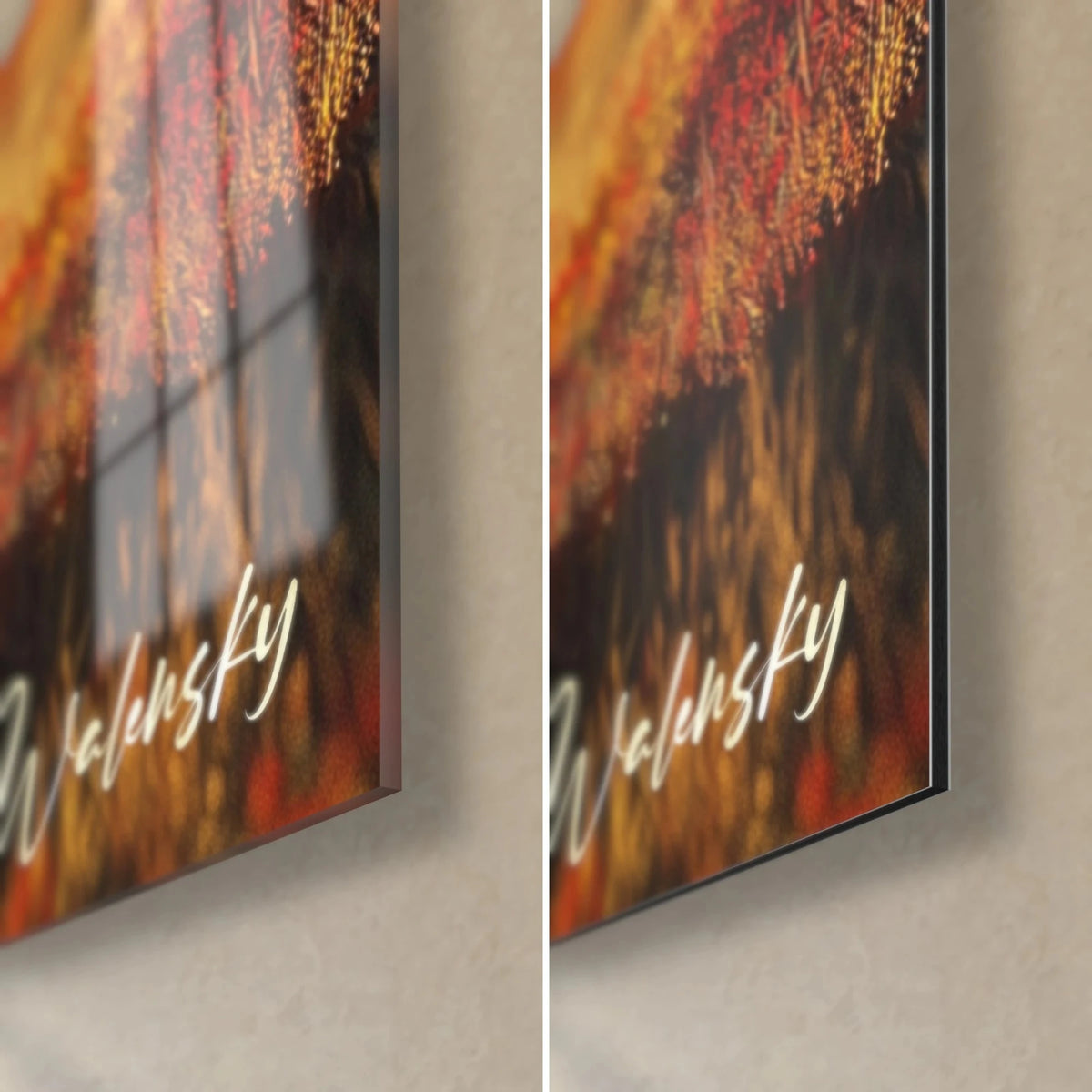 Wall art deer with cream-white and brown coat, bottom right corner: glossy glass on the left, matte Dibond on the right, 3 mm edge