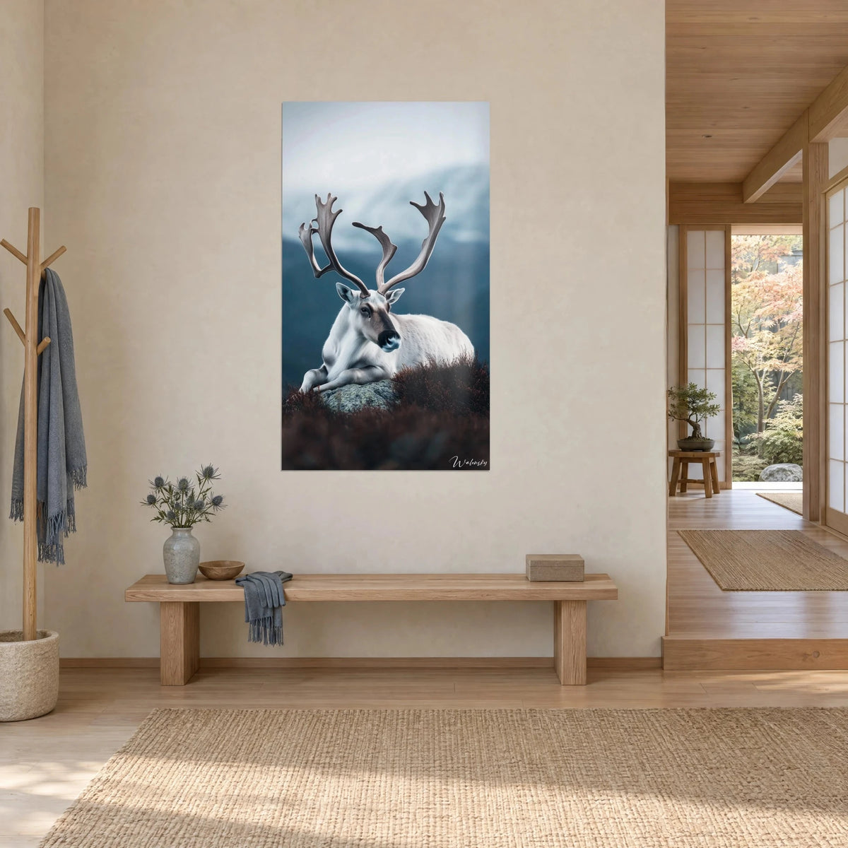 Wall art light caribou with spread antlers, steel-blue mist and rust heather, in a japandi wooden hallway
