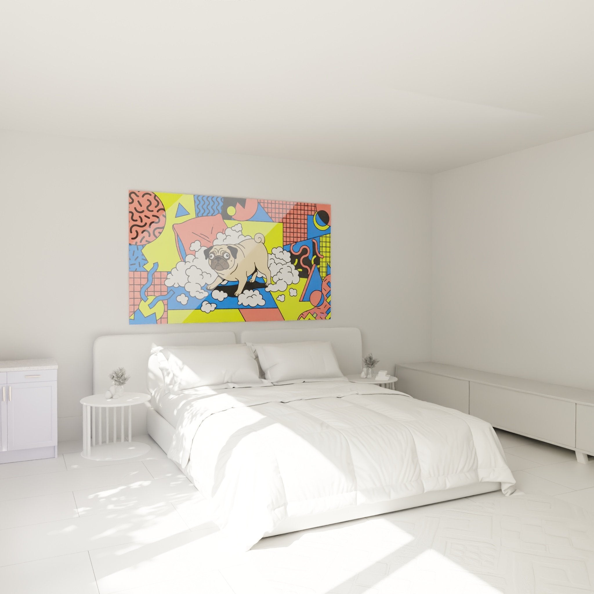 Mops-Badewannen-Leinwand dekoriert modernes Schlafzimmer mit hellen Wänden, fröhliche und farbenfrohe Atmosphäre