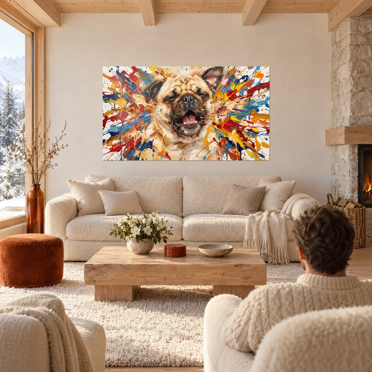 Cuadro de un alegre carlino beige con salpicaduras de pintura roja y azul, colgado encima de un sofá en un salón luminoso