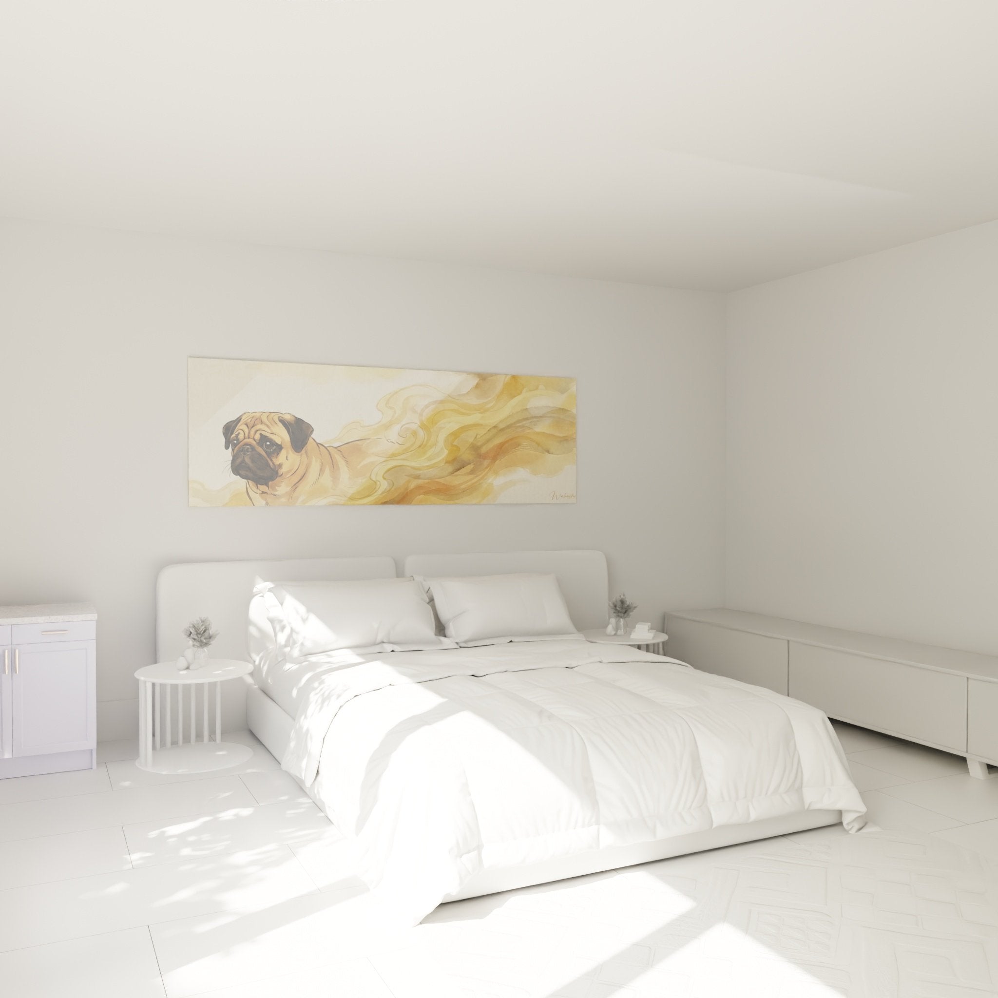 Tableau carlin doré dans chambre moderne, décoration murale apaisante tons chauds