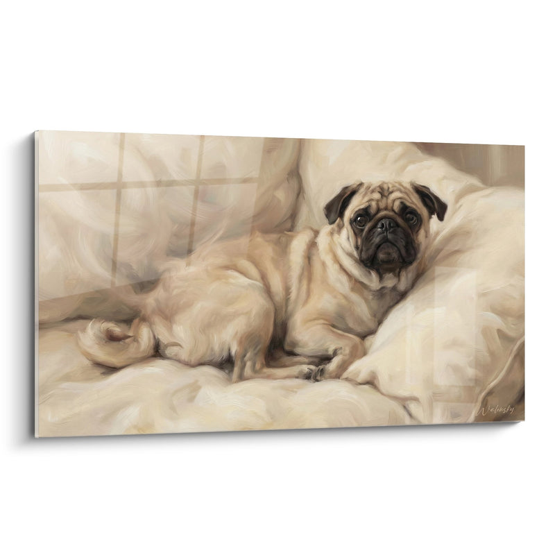 Pug Lying on Beige Sheets - Morning Softness - Pug Edition