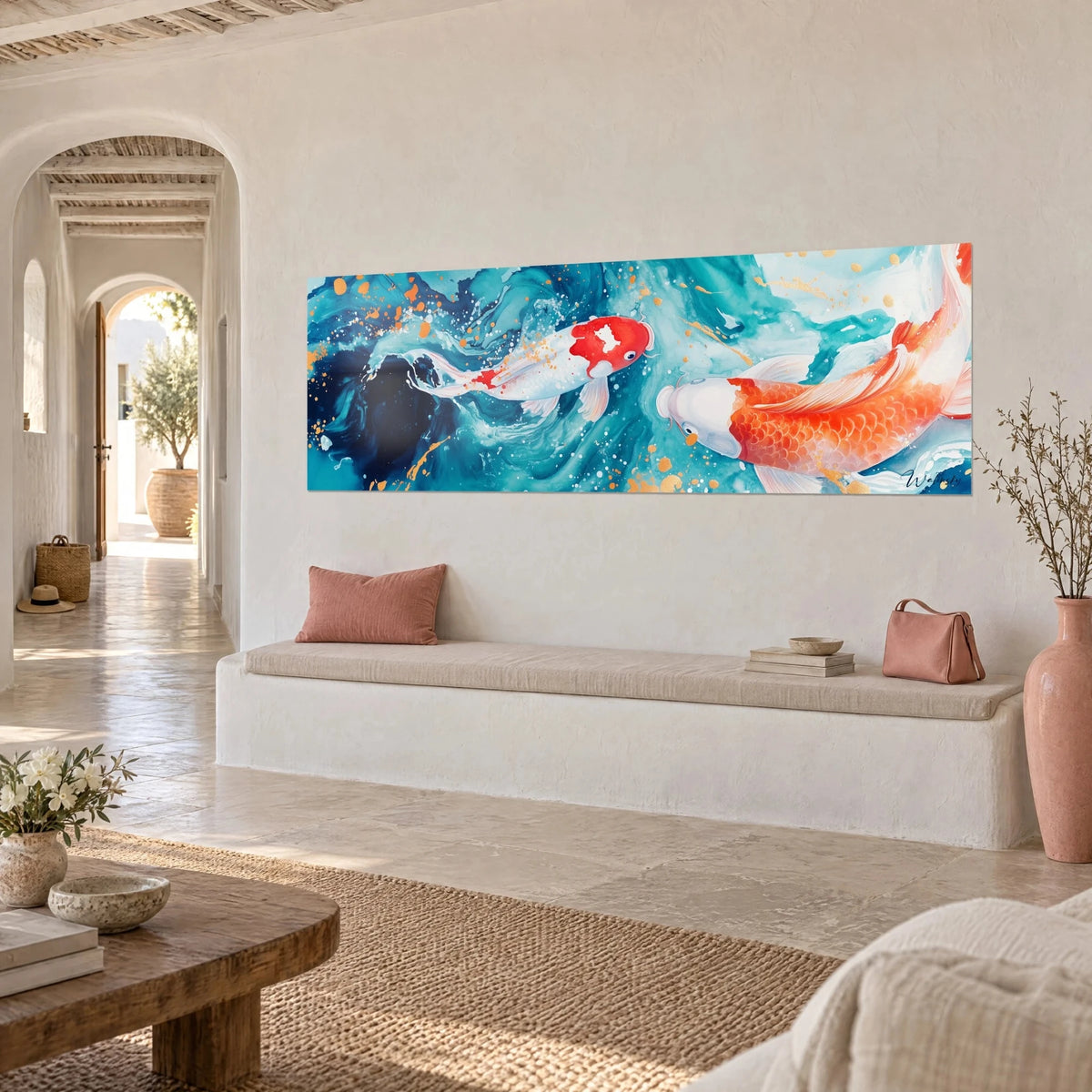 Wall art orange-hued water fish with pearly scales, golden splashes on turquoise water, whitewashed wall of a Mediterranean house
