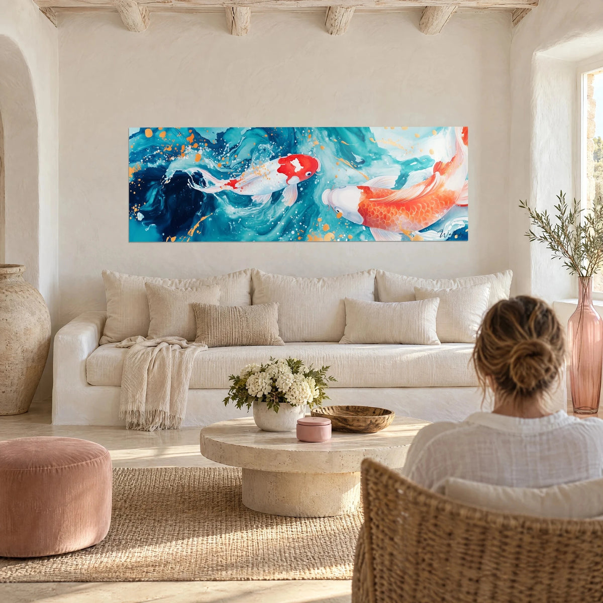 Wall art white koi carp with a red head swimming in a turquoise and midnight blue swirl, above a sofa in a bright living room