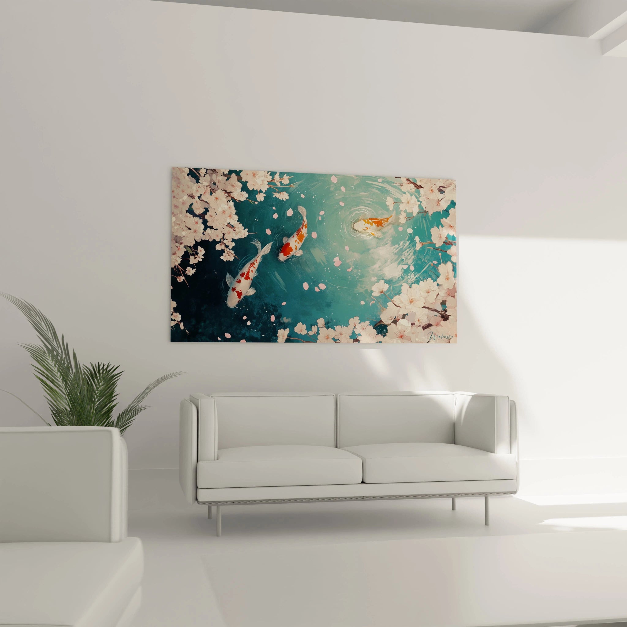 Tableau carpe koi de Walensky avec des poissons colorés nageant dans un étang paisible