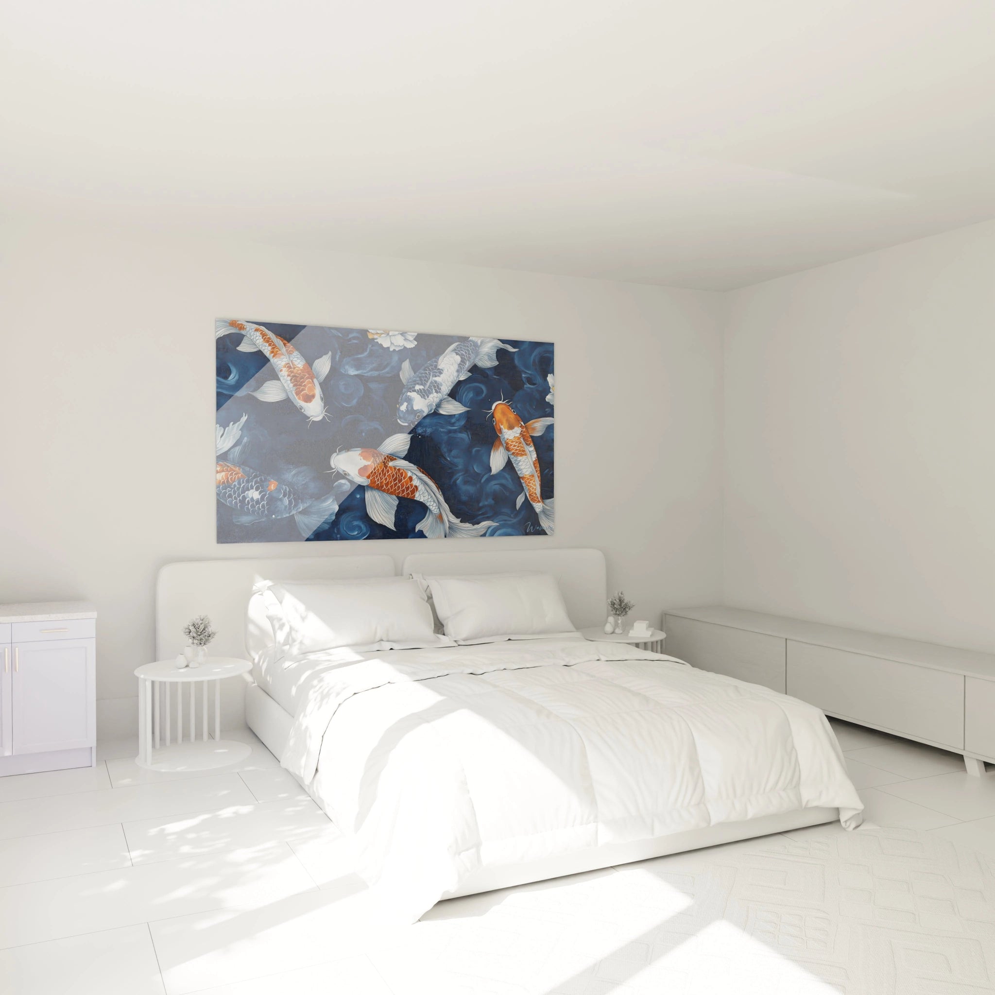 Tableau de carpes koi Walensky sur fond bleu pour décorer une chambre moderne