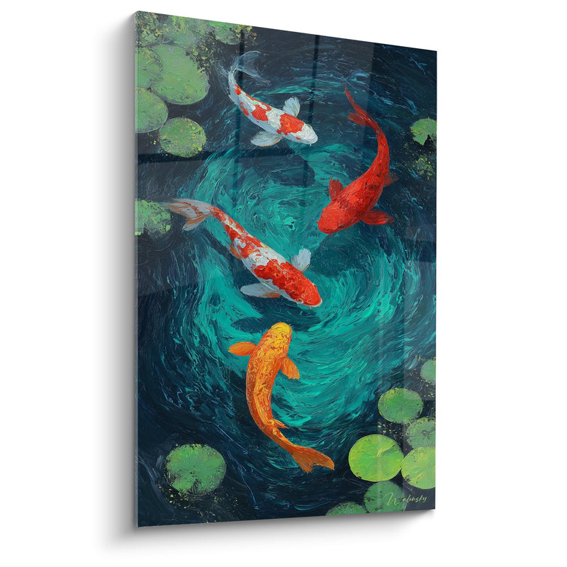 Tableau Carpes Koï Multicolores dans Bassin aux Nymphéas Verts - Danse Aquatique - Edition Nénuphare