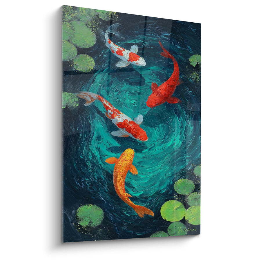 Tableau Carpes Koï Multicolores dans Bassin aux Nymphéas Verts - Danse Aquatique - Edition Nénuphare