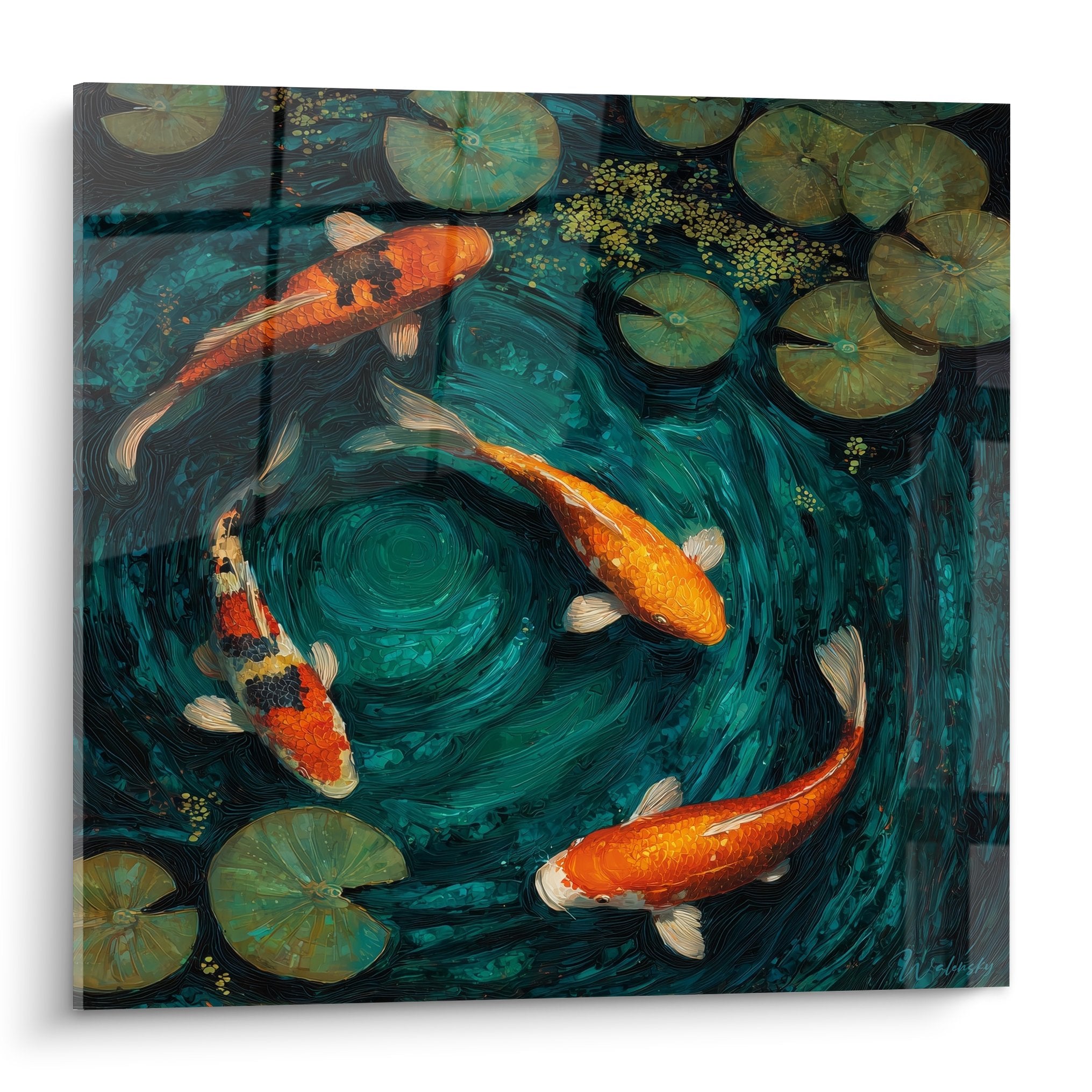 Tableau carpes koi orange rouge bassin nenuphars verts eau turquoise mouvement circulaire style impressionniste