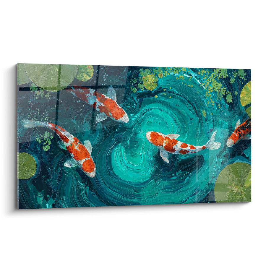 Tableau Carpes Koï Orange et Blanc dans Tourbillon Aquatique Turquoise - Harmonie Japonaise - Edition Nénuphare