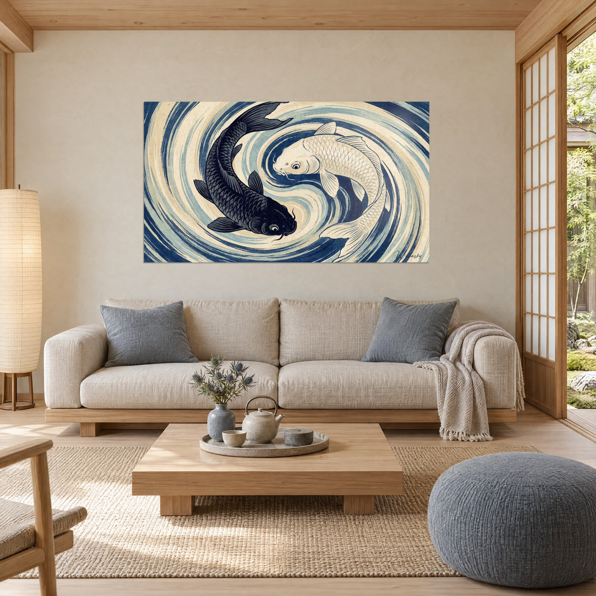 Cuadro carpas yin yang en remolino azul y beige, koi negro y blanco entrelazados, sobre un sofá en un salón luminoso