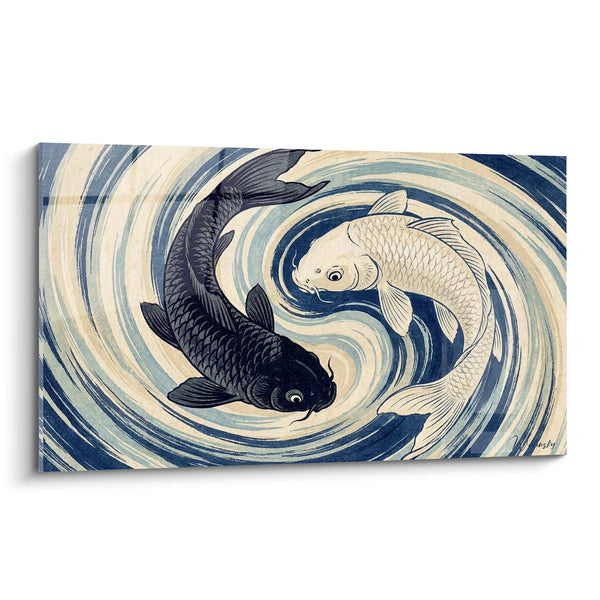 Schilderij Twee Verweven Koi Karper in een Blauw en Beige Werveling - Waterharmonie - Yin Yang Editie