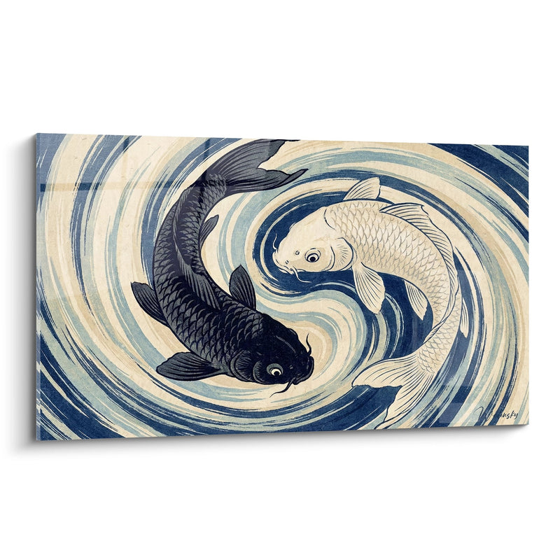 Tableau Deux Carpes Entrelacées dans un Tourbillon Bleu et Beige - Harmonie Aquatique - Edition Yin Yang
