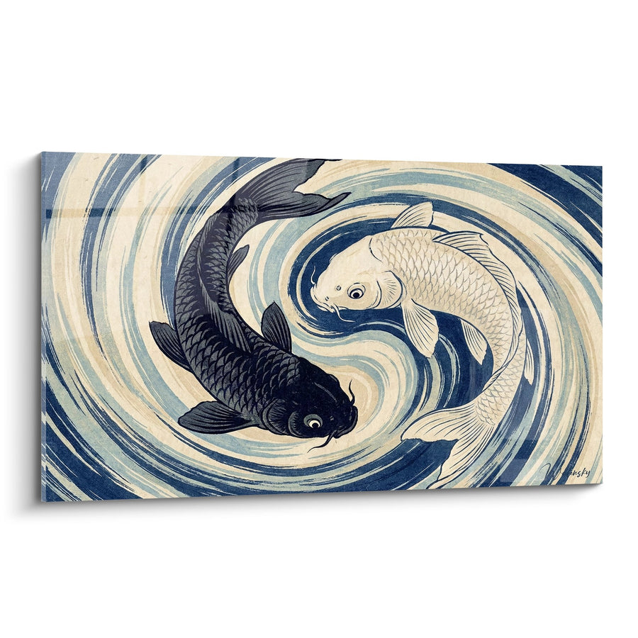Tableau Deux Carpes Entrelacées dans un Tourbillon Bleu et Beige - Harmonie Aquatique - Edition Yin Yang