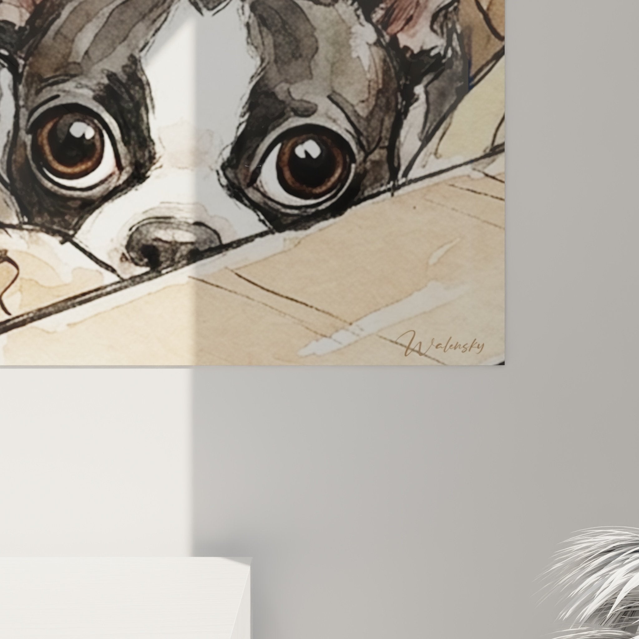 Tableau Boston Terrier format carré, aquarelle chien dans boîte, tons beiges ocre, art mural décoratif