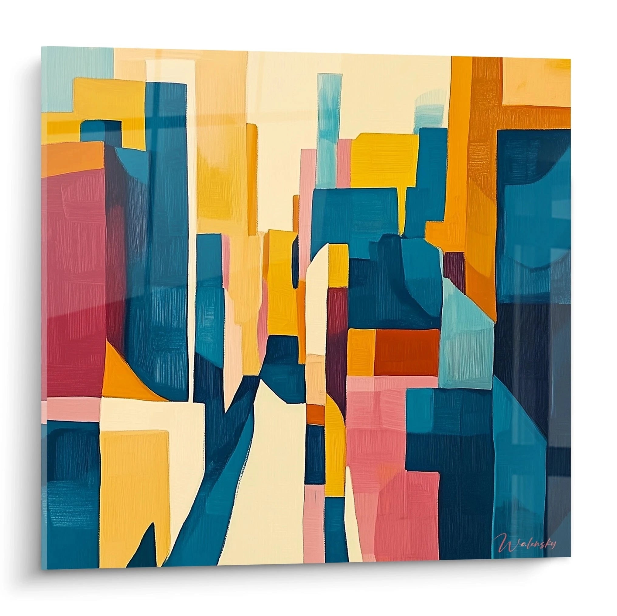 Tableau cubisme abstrait Walensky avec des formes géométriques colorées et des lignes modernes