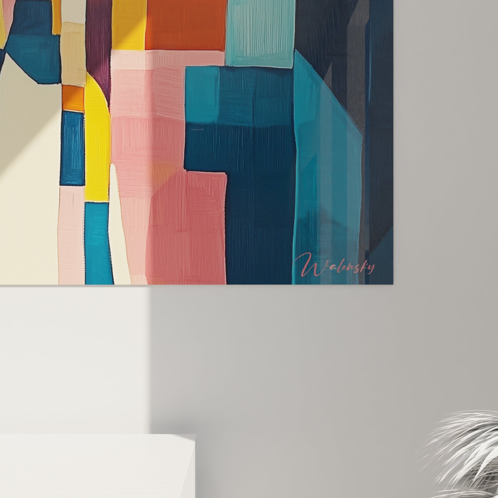 Tableau cubisme abstrait de Walensky avec des formes géométriques colorées et des tons vifs