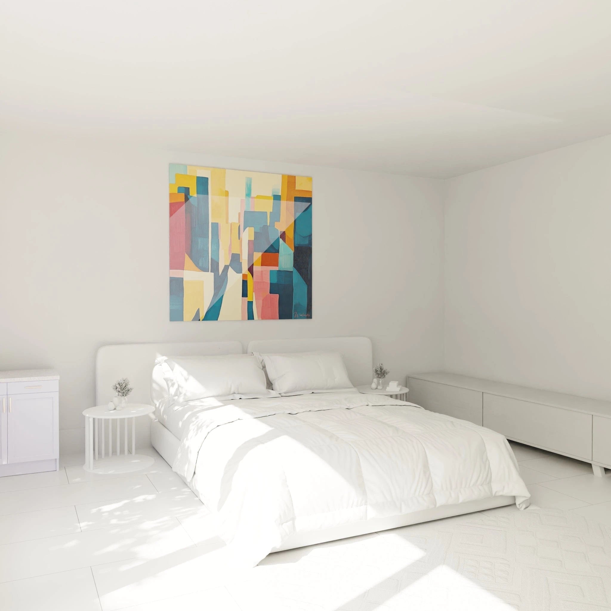 Tableau cubisme abstrait de Walensky, décorant une chambre moderne avec des couleurs vives et des formes géométriques
