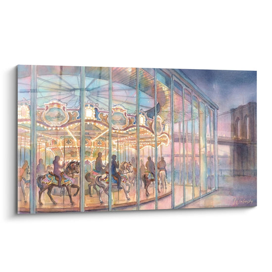 Cuadro de tiovivo en cristal iluminado en tonos pastel dorados - Magia Urbana - Edición Brooklyn