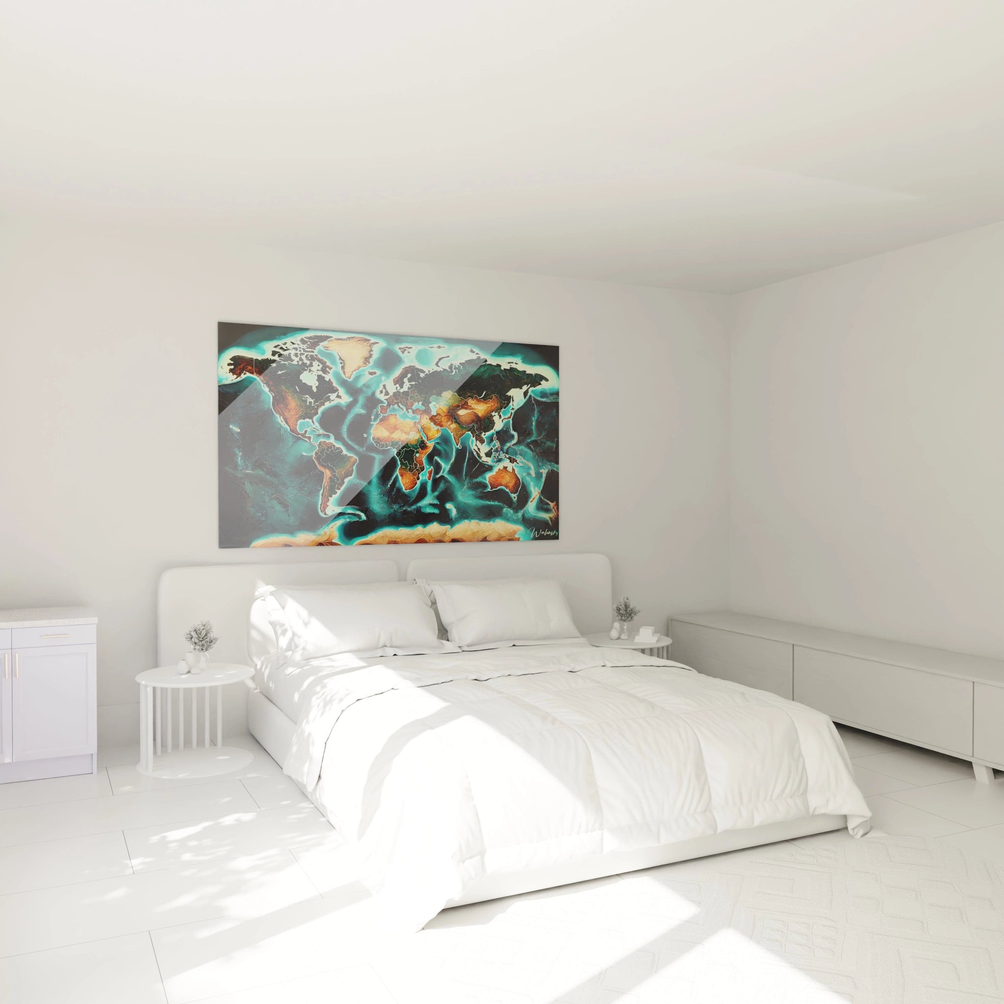 Tableau carte du monde accroché dans chambre ambiance apaisante tons terreux et bleus créant une harmonie parfaite ideal pour inspirer rêves aventures et ajout artistique élégant au dessus du lit

