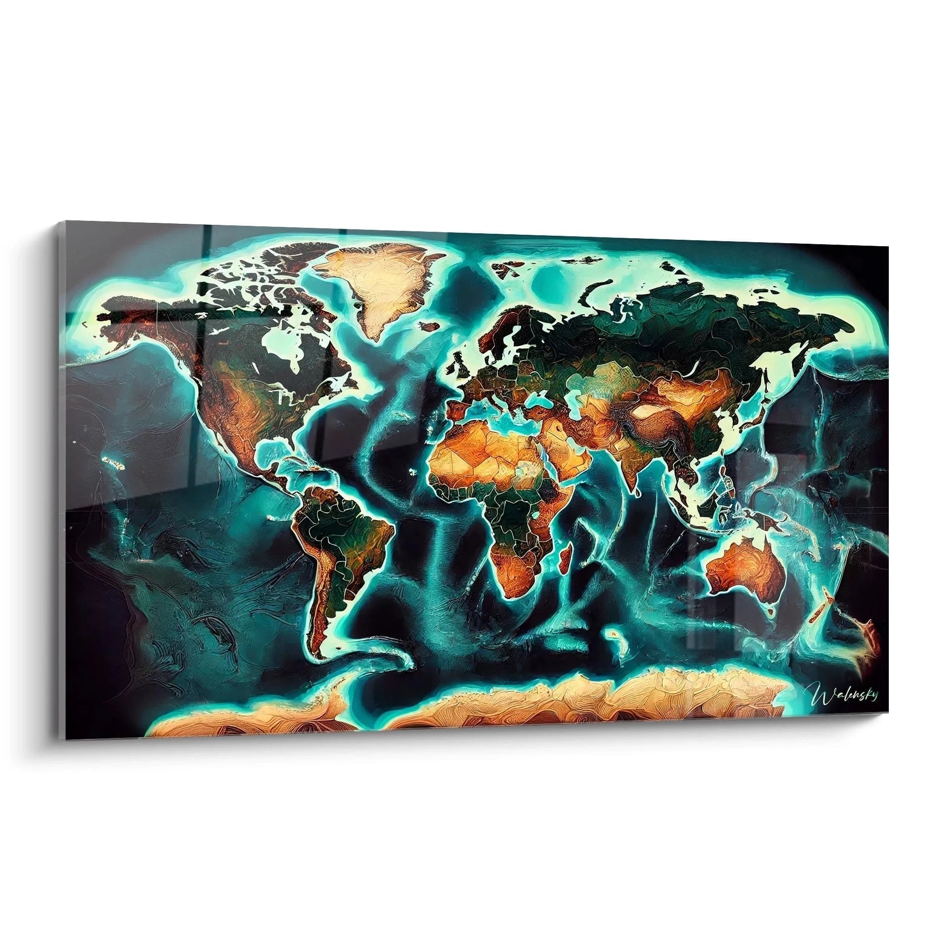 Tableau carte du monde vu de biais teintes bleu marron et reflets lumineux en verre acrylique ideal pour decor moderne et dynamique inspiration nature et voyages avec details artistiques

