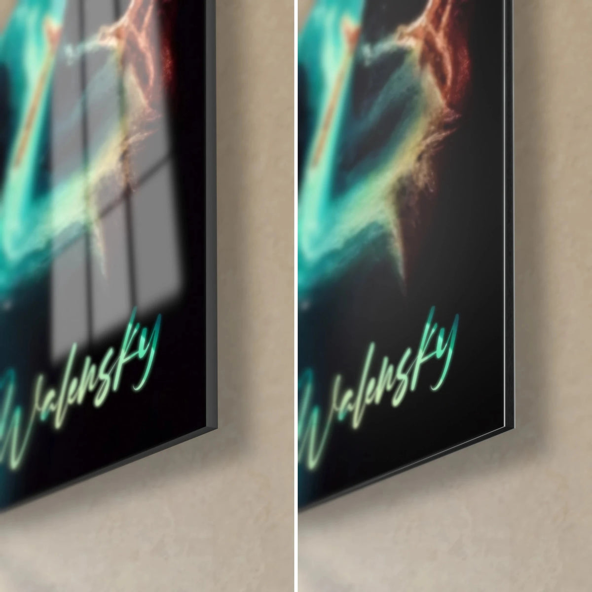 Wall art world atlas with neon turquoise outlines and Walensky signature, bottom right corner in glossy glass and matte Dibond