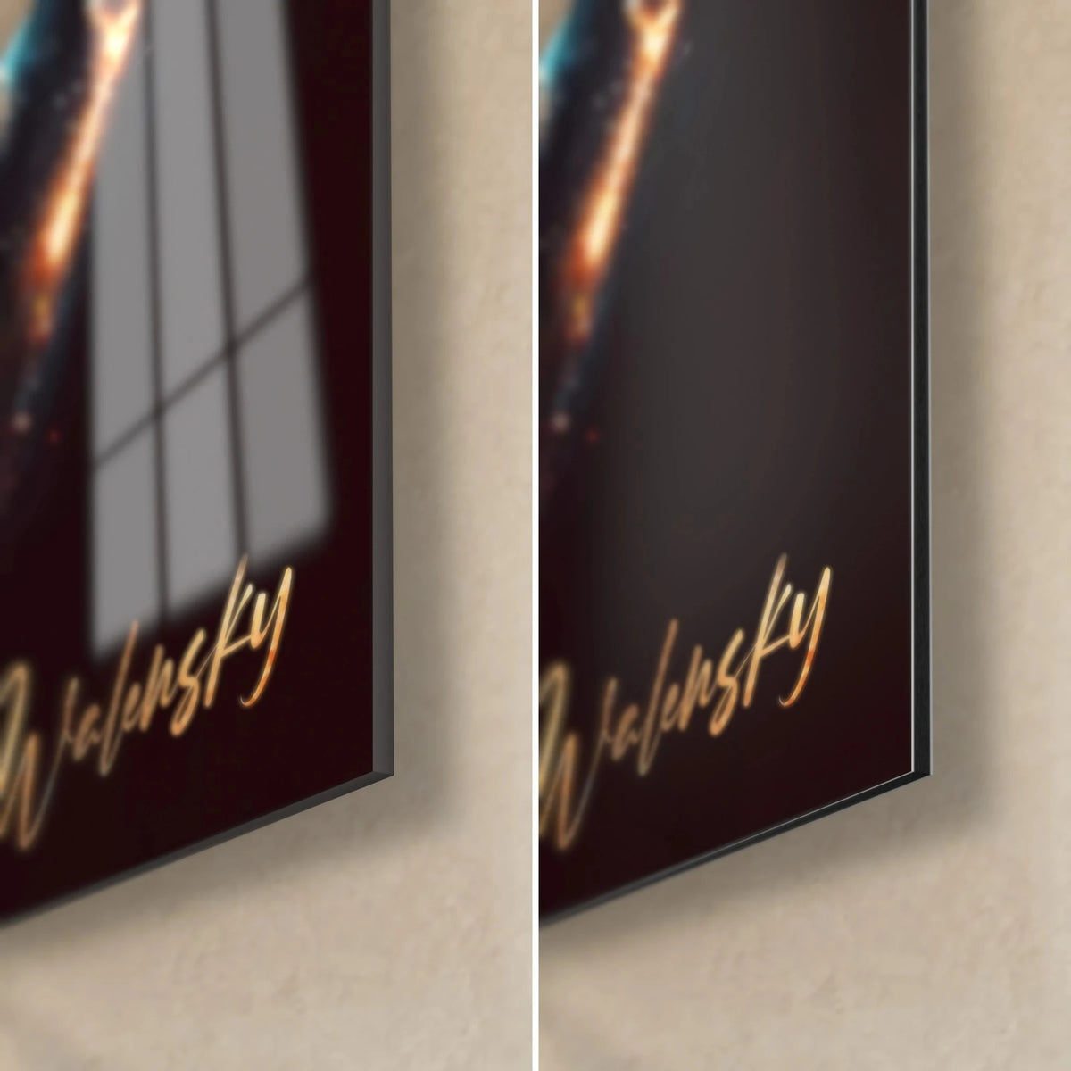 Wall art black and cyan planisphere, golden Walensky signature bottom right, glossy glass on the left, matte Dibond on the right, 3 mm edge