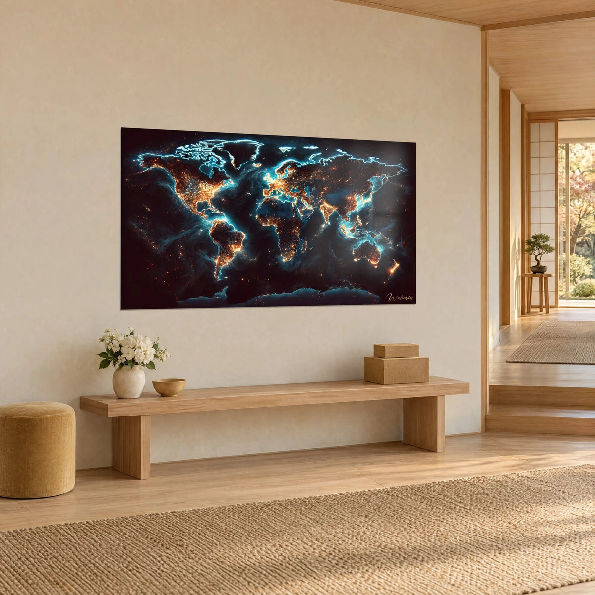 Wall art luminous world map, continents edged in electric cyan and amber cities on dark night, on the wall of a light wood entrance hall