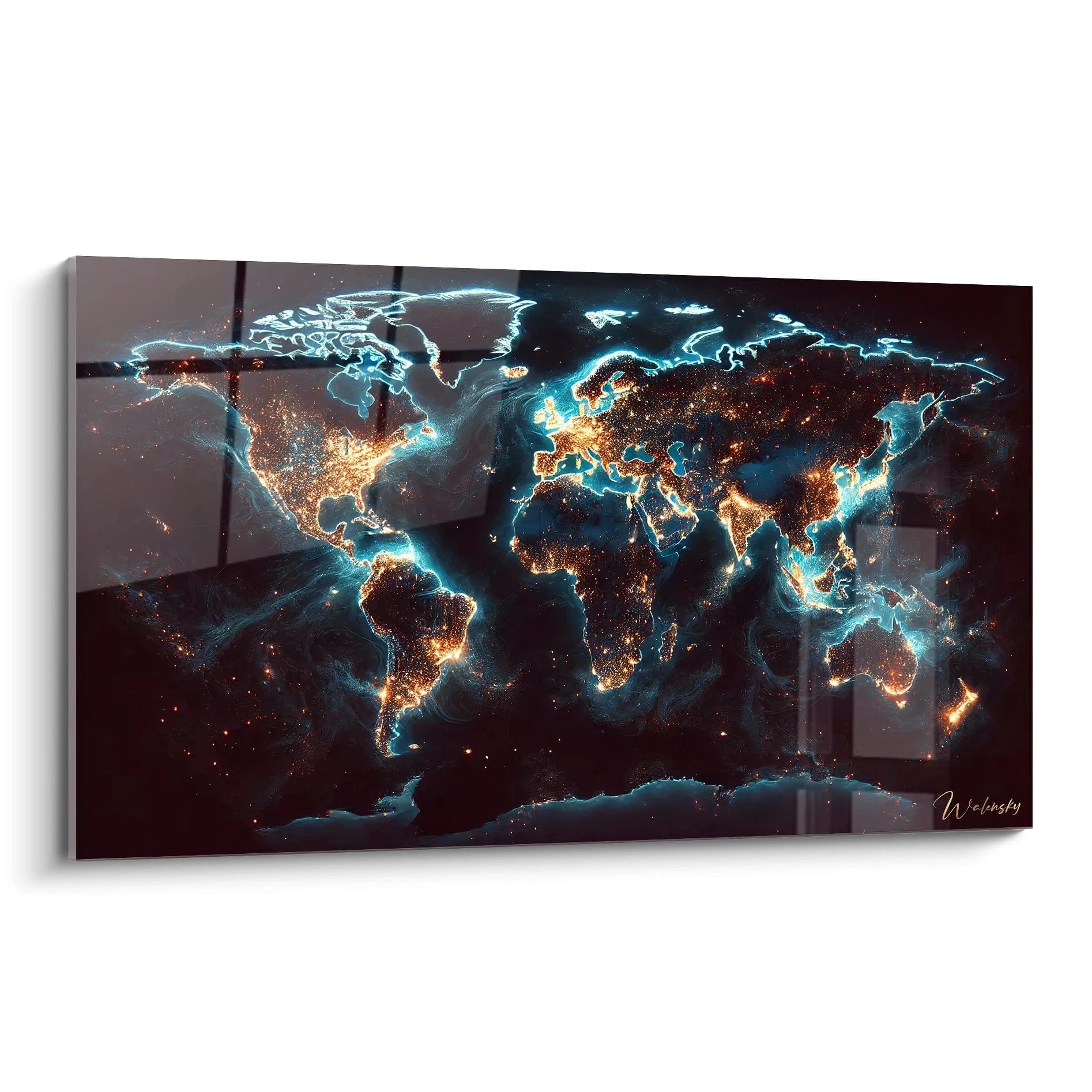 tableau carte du monde vu de biais aux teintes bleues profondes et reflets dorés rappelant la terre vue de nuit inspiration satellite moderne relief lumineux captivant

