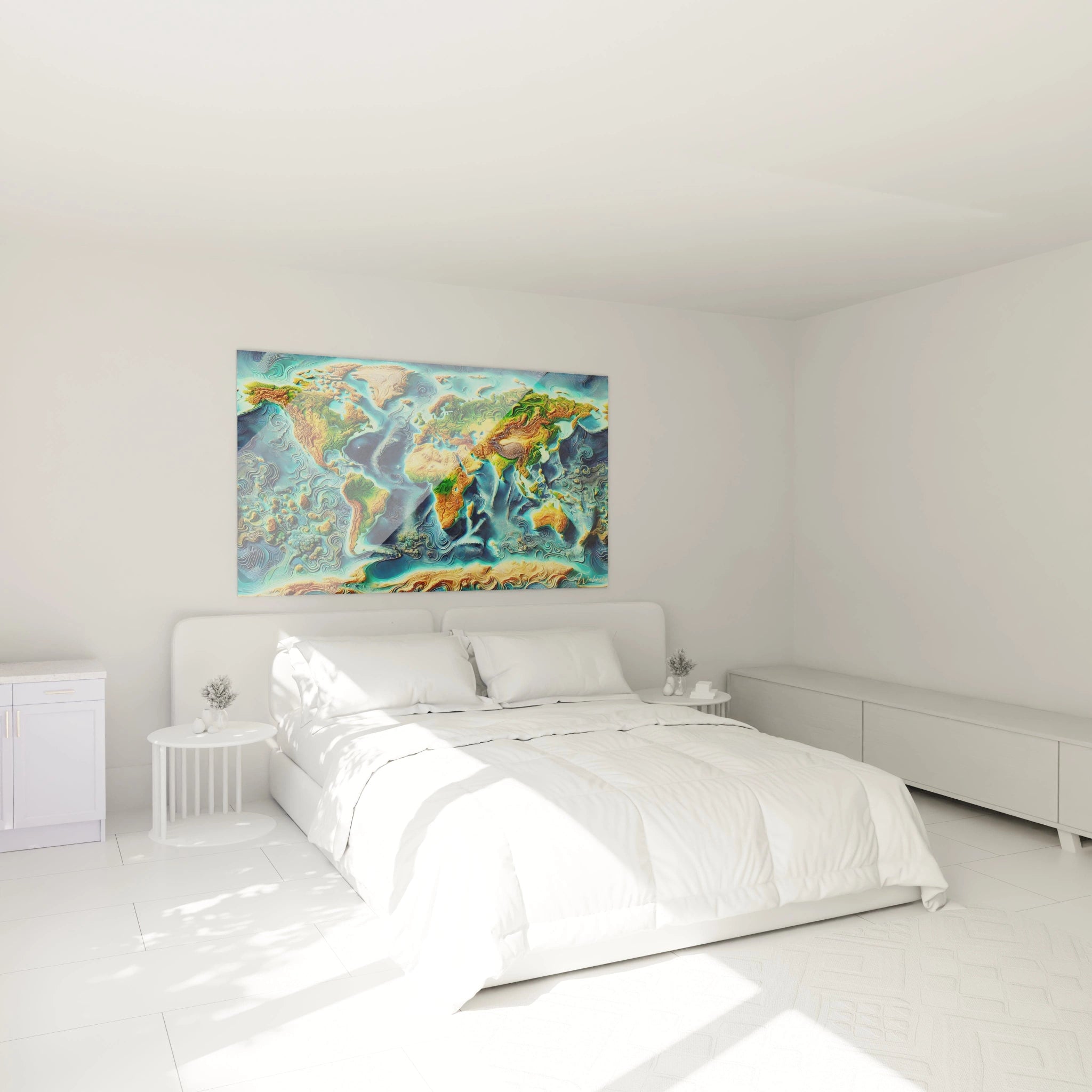 tableau carte du monde accroche dans une chambre au dessus dun lit nuances de vert et bleu fluides contrastant avec les courbes oceaniques ambiance apaisante et elegante inspiree par la nature

