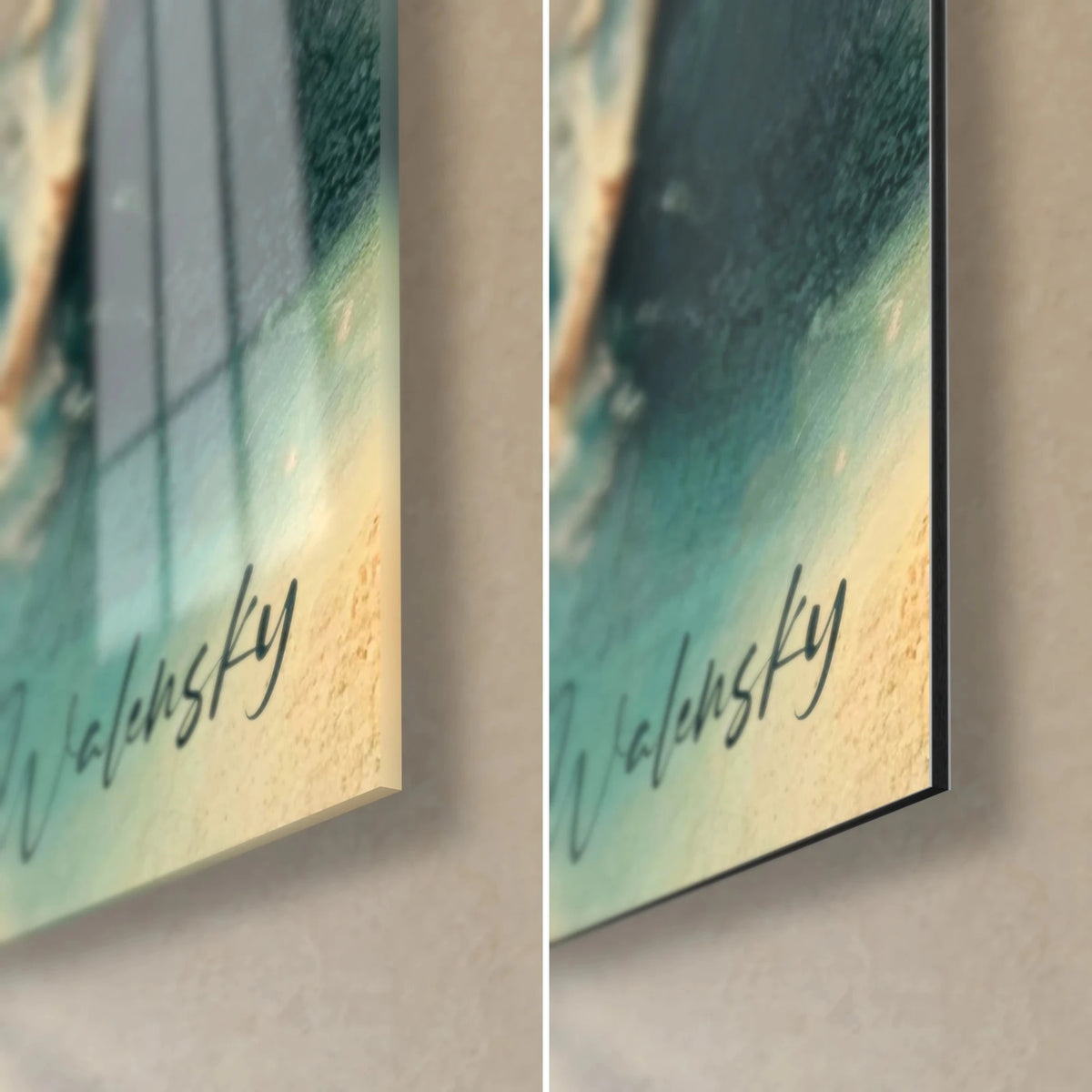 Gemälde Weltatlas im Relief, untere rechte Ecke: glänzendes Acrylglas links, mattes schwarzes Dibond rechts, Signatur Walensky