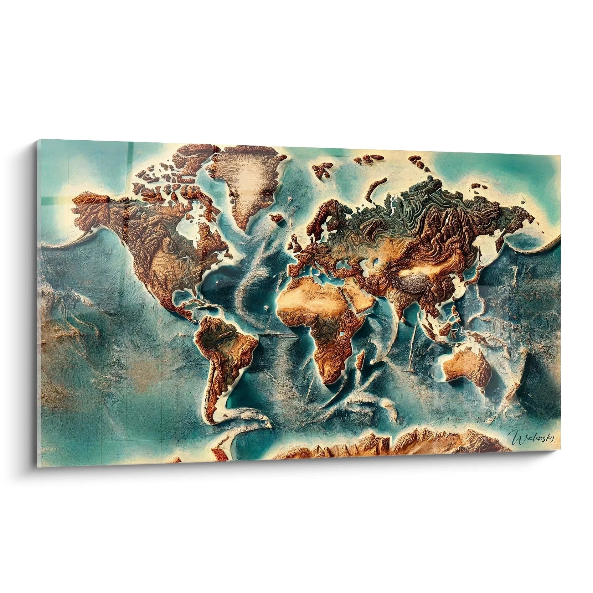 tableau carte du monde vu de biais texture bronze beige et bleu reliefs naturels continents sculptés lumière joue sur les contrastes

