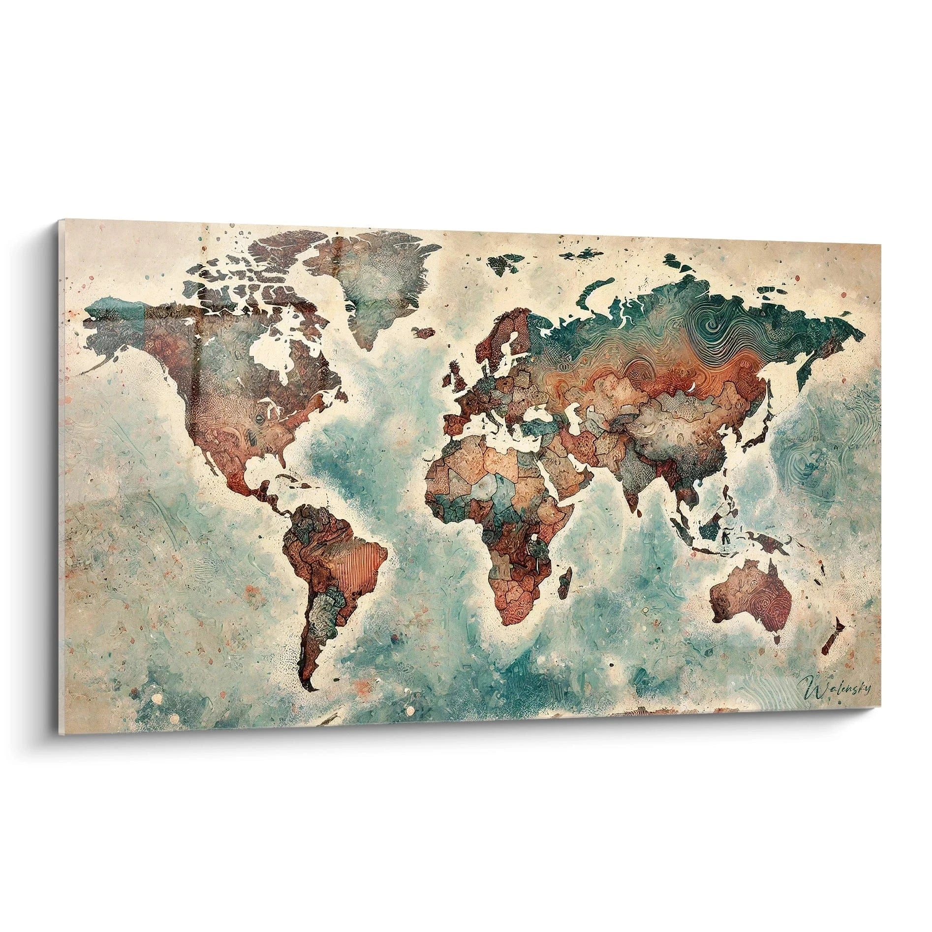 tableau carte du monde vu de biais dans un style texturé marron bleu et beige les reliefs sculptés donnent un effet naturel et moderne inspiré des anciennes cartes topographiques

