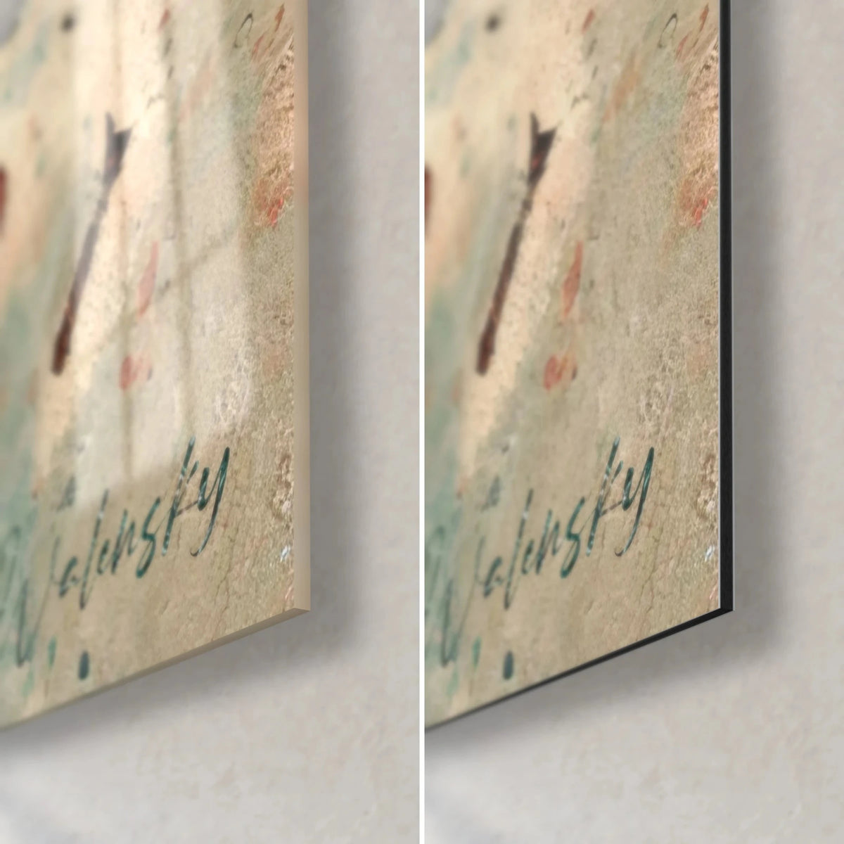Wall art world map in rust and teal, bottom right corner: glossy acrylic glass on the left, matte Dibond on the right, Walensky signature