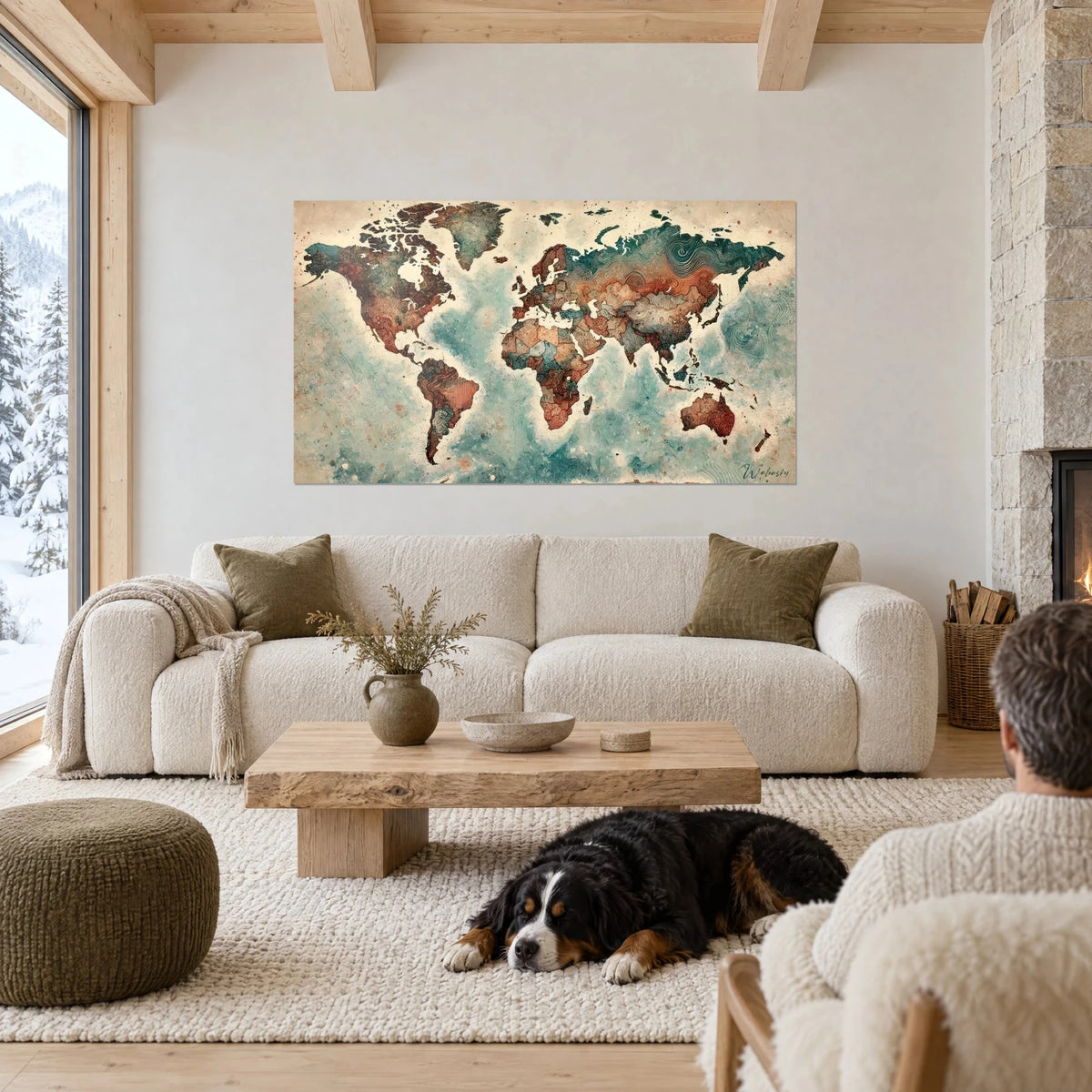 Wall art world map in rust and turquoise continents, couple seen from behind and black dog lying down, above a sofa in a bright living room