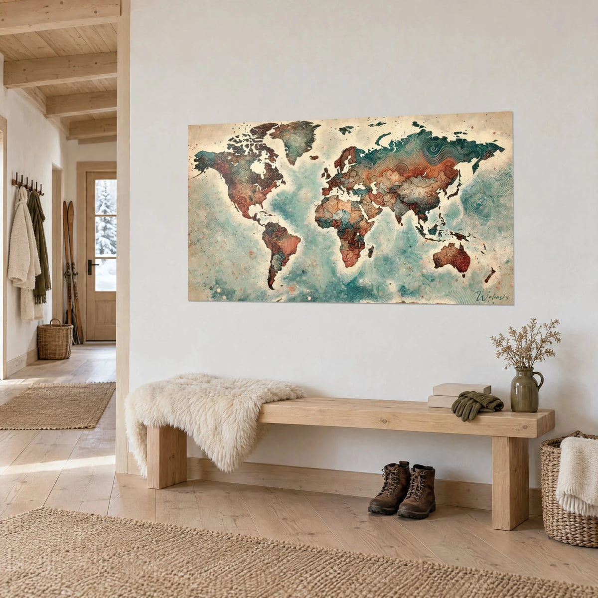 Wall art textured world map in terracotta and glacier blue, countries with spiral patterns, above a wooden bench in a chalet