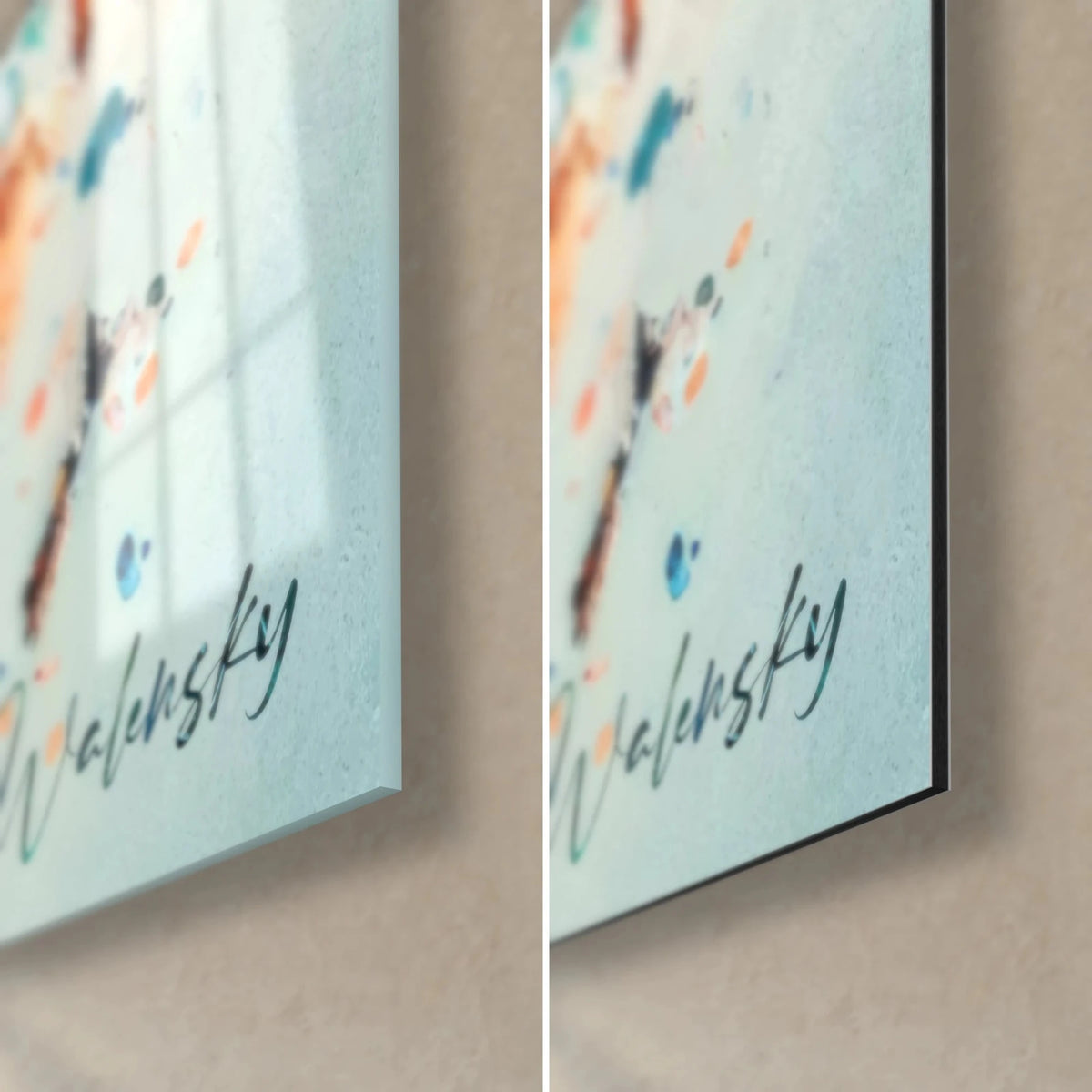 Wall art watercolour world map, bottom right corner: Walensky signature in slate grey, glossy glass and matt black Dibond