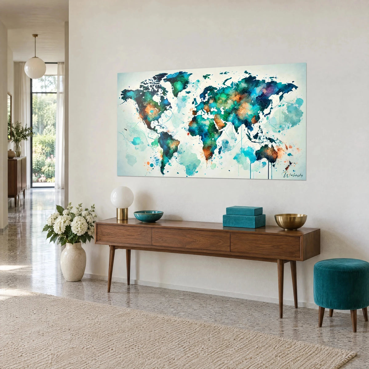 Wall art painted world map, emerald and teal continents splashed with ochre, on a beige wall above a wooden sideboard