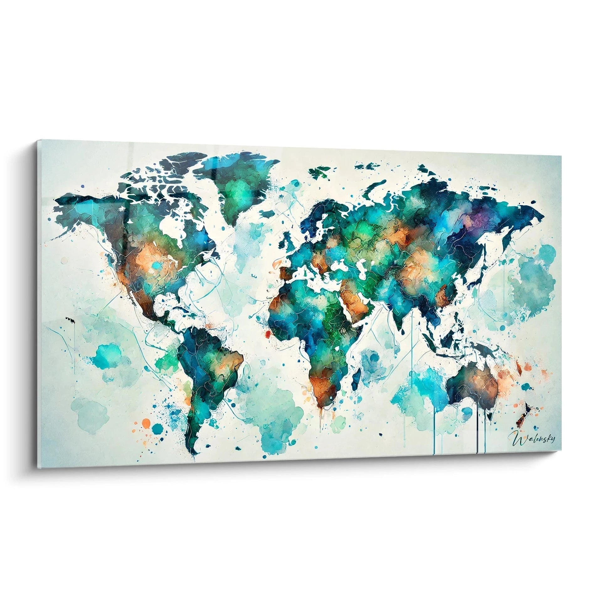 tableau carte du monde vu de biais avec couleurs aquarelle bleu vert orange contrastes fluides et reliefs naturels inspire des océans et continents en mouvement reflets artistiques et dynamiques

