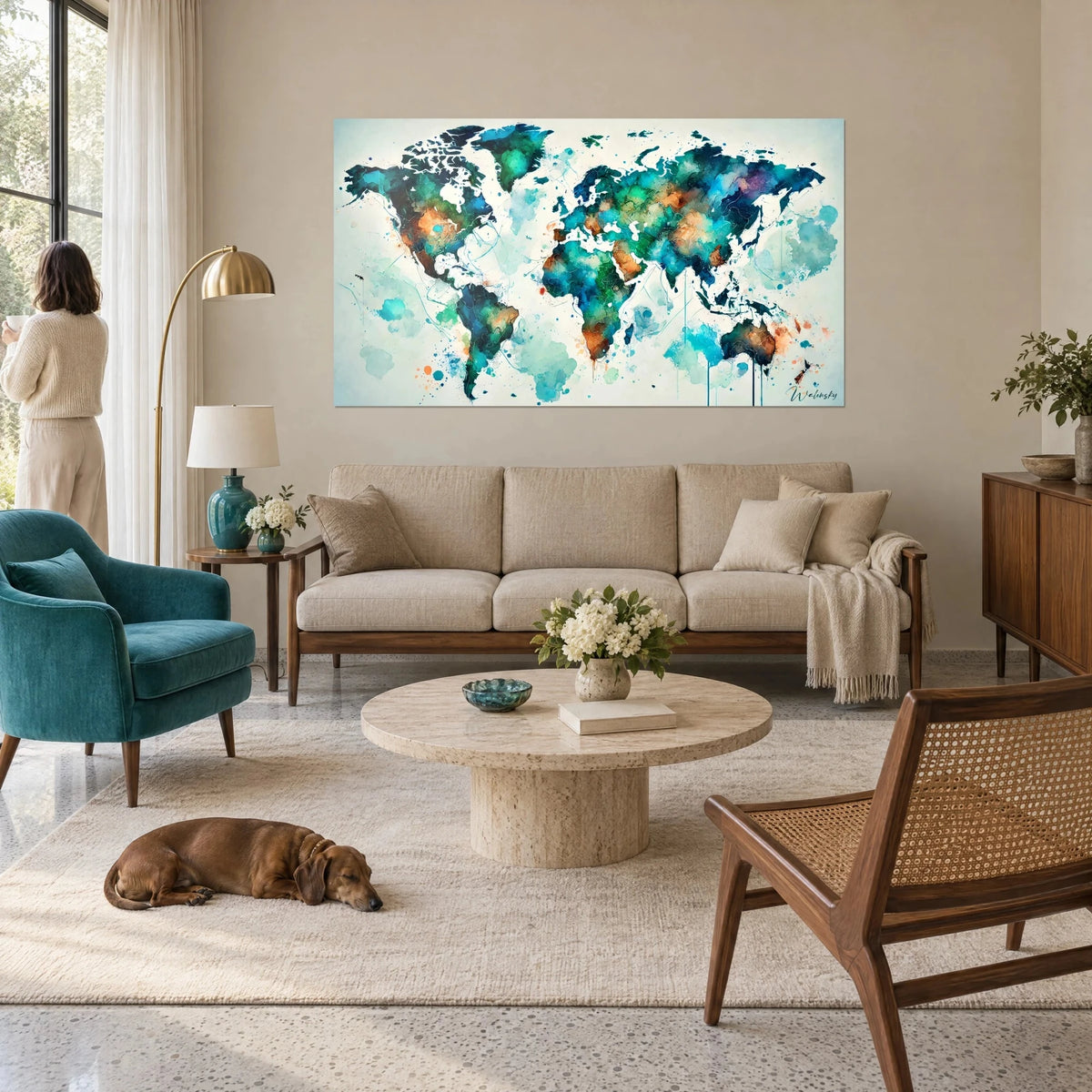 Wall art watercolour world map in turquoise and deep green with orange speckles, above a sofa in a bright living room