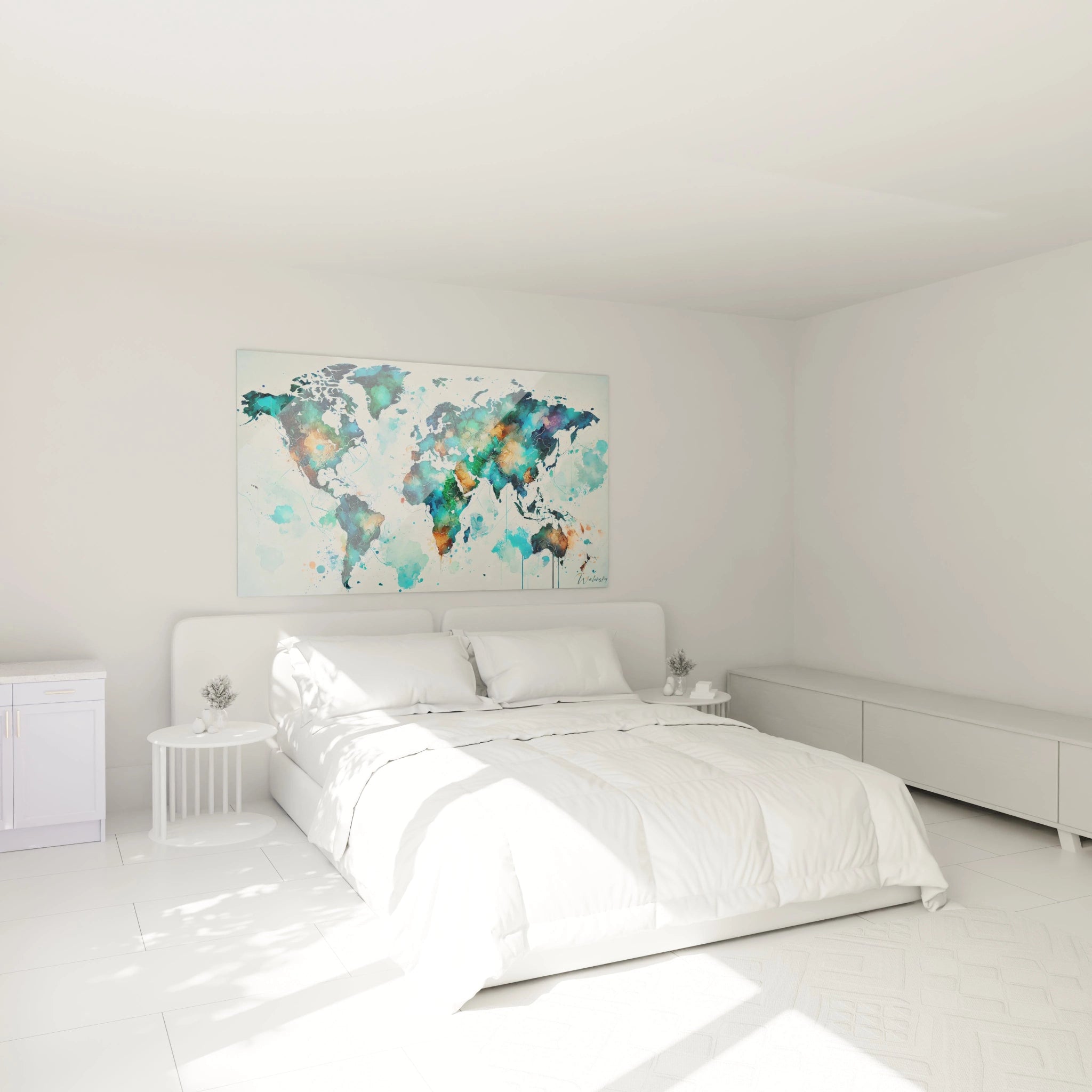 tableau carte du monde accroché dans une chambre au dessus d un lit style aquarelle moderne teintes bleu turquoise et vert apportant sérénité fluidité et ambiance apaisante évoquant la nature

