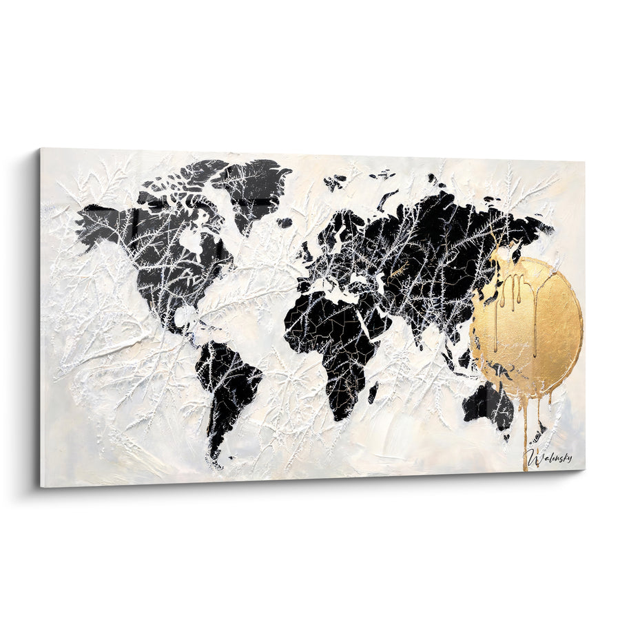 Tableau Mappemonde noire et dorée aux textures craquelées - Appel du lointain - Edition Carte du monde