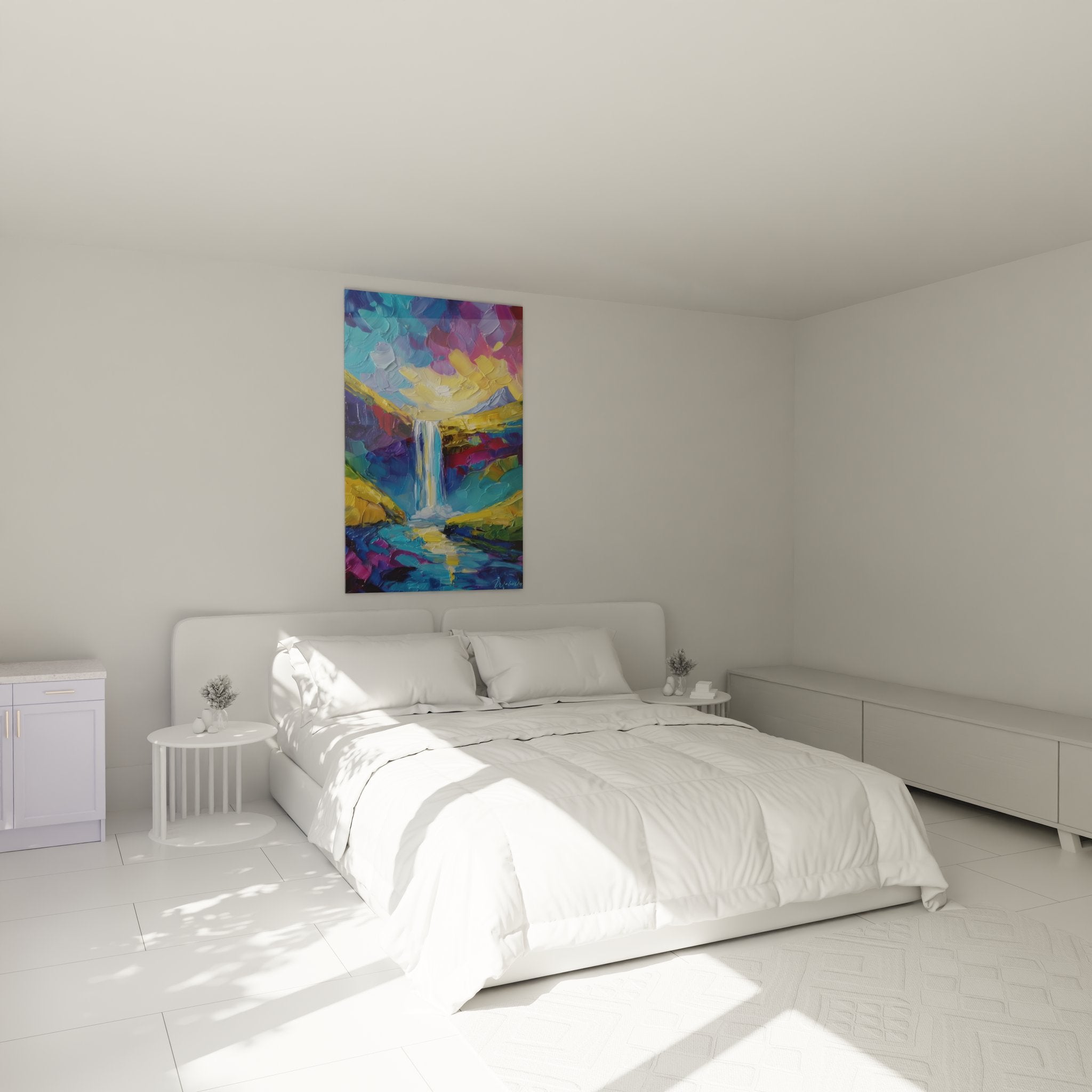 Tableau cascade colorée dans chambre moderne, décoration murale chute d'eau abstraite