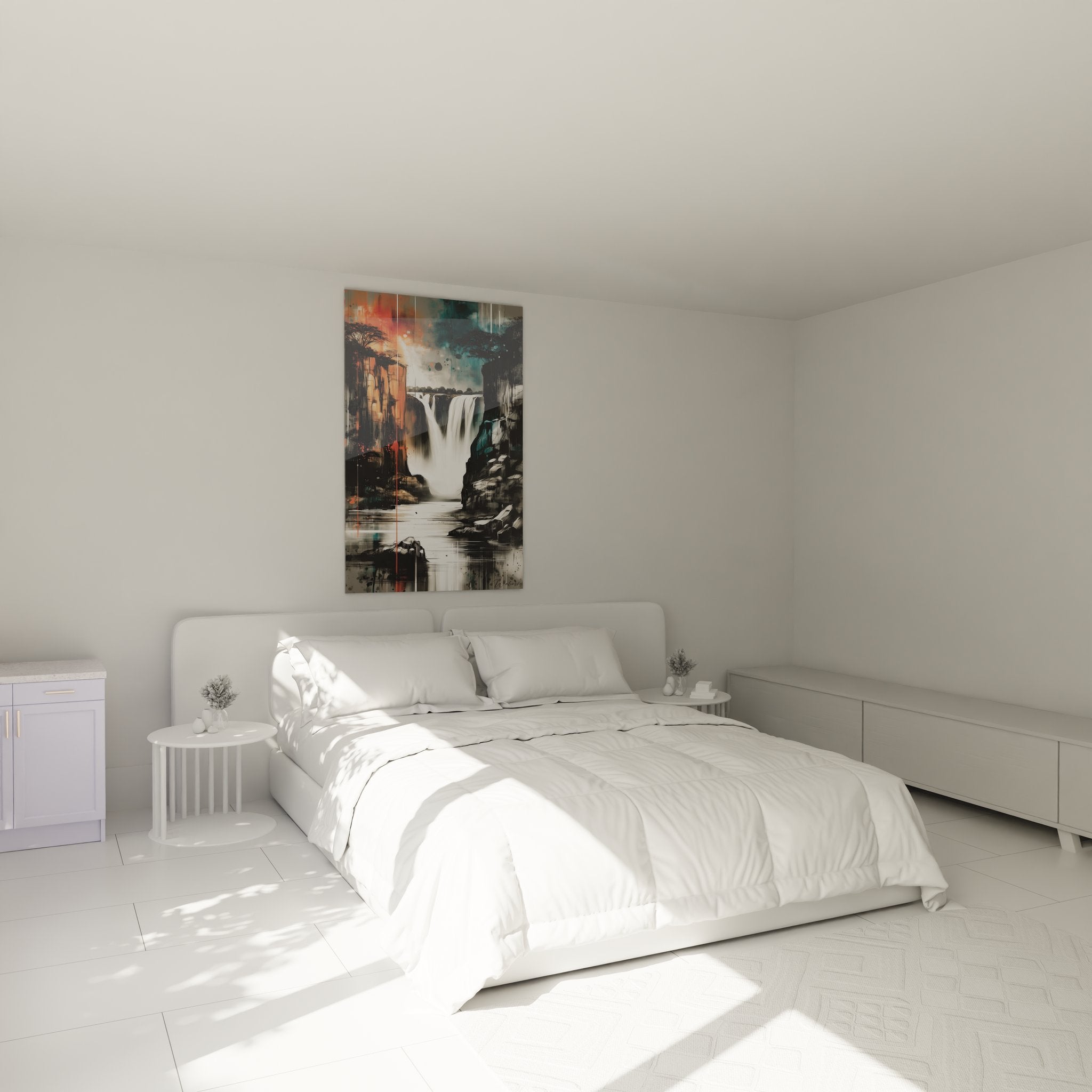 Tableau cascade abstraite dans chambre moderne, décoration murale nature contemporaine