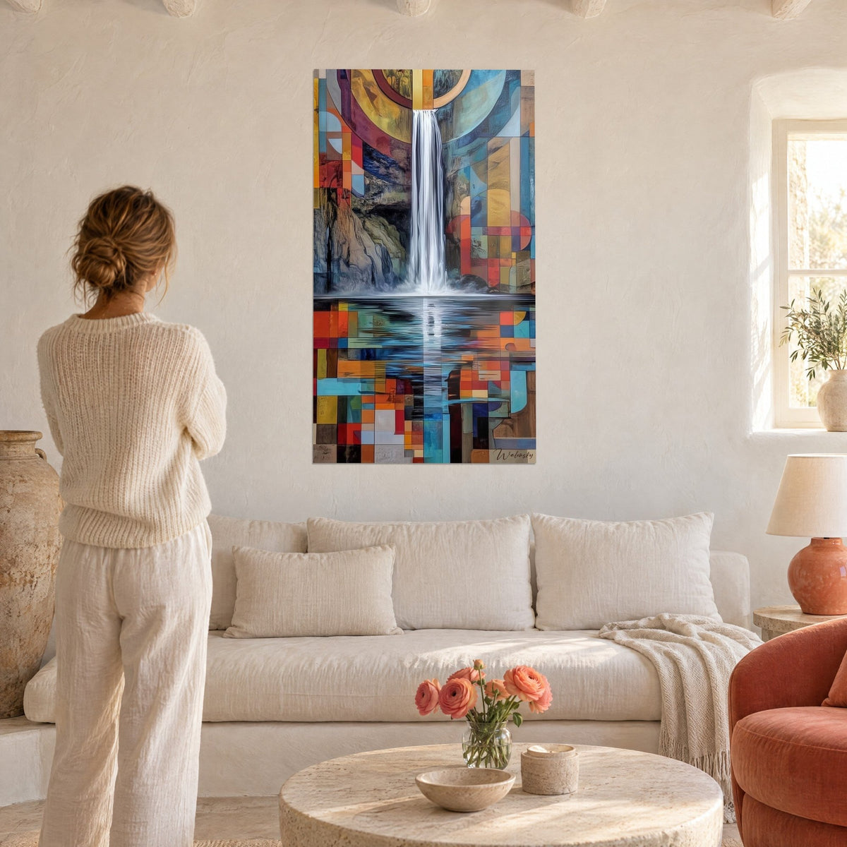 Tableau chute d'eau argentée entre aplats ocre et bleu, une femme de dos admire le mur au-dessus d'un canapé dans un salon lumineux