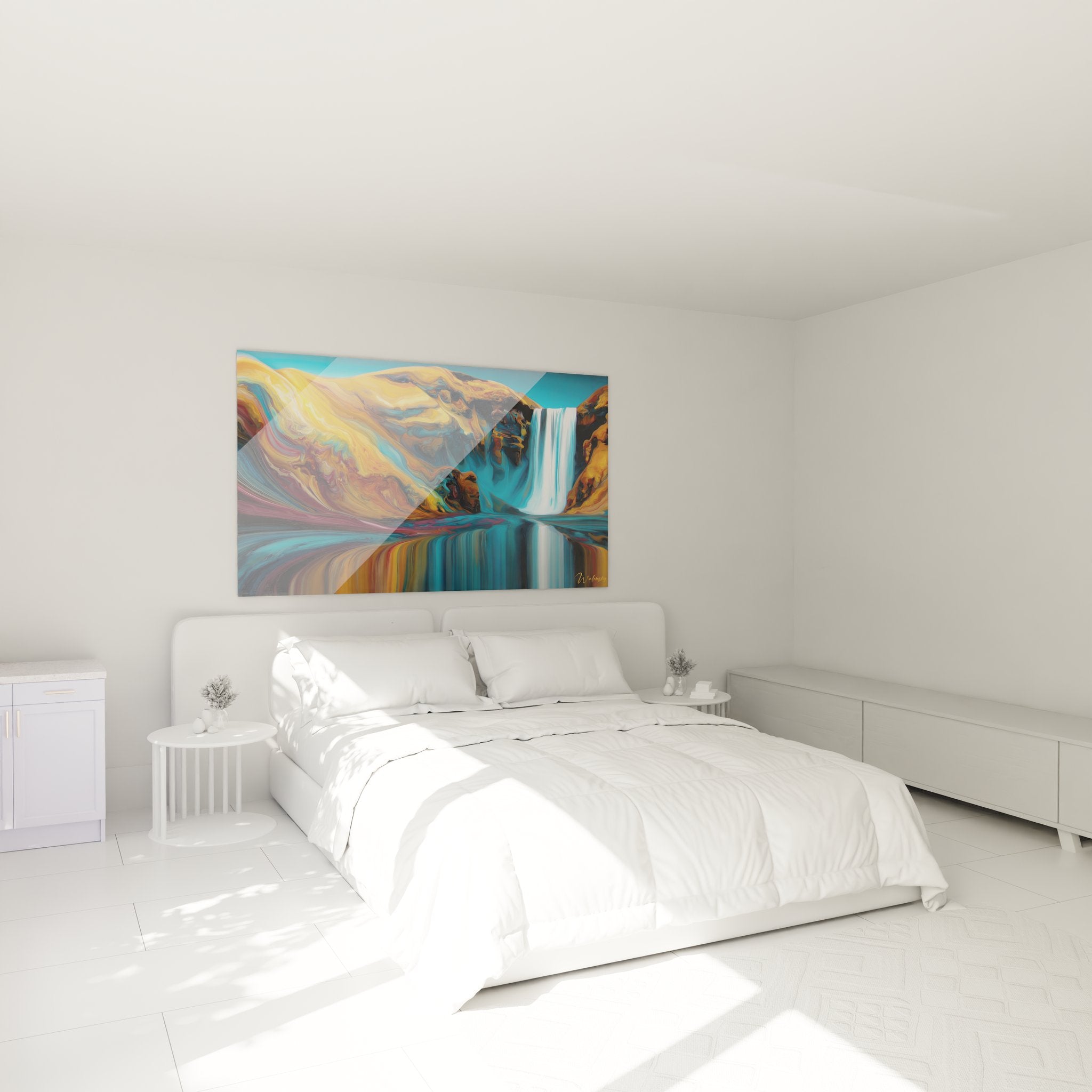 Tableau cascade abstraite moderne installé dans chambre contemporaine ambiance zen