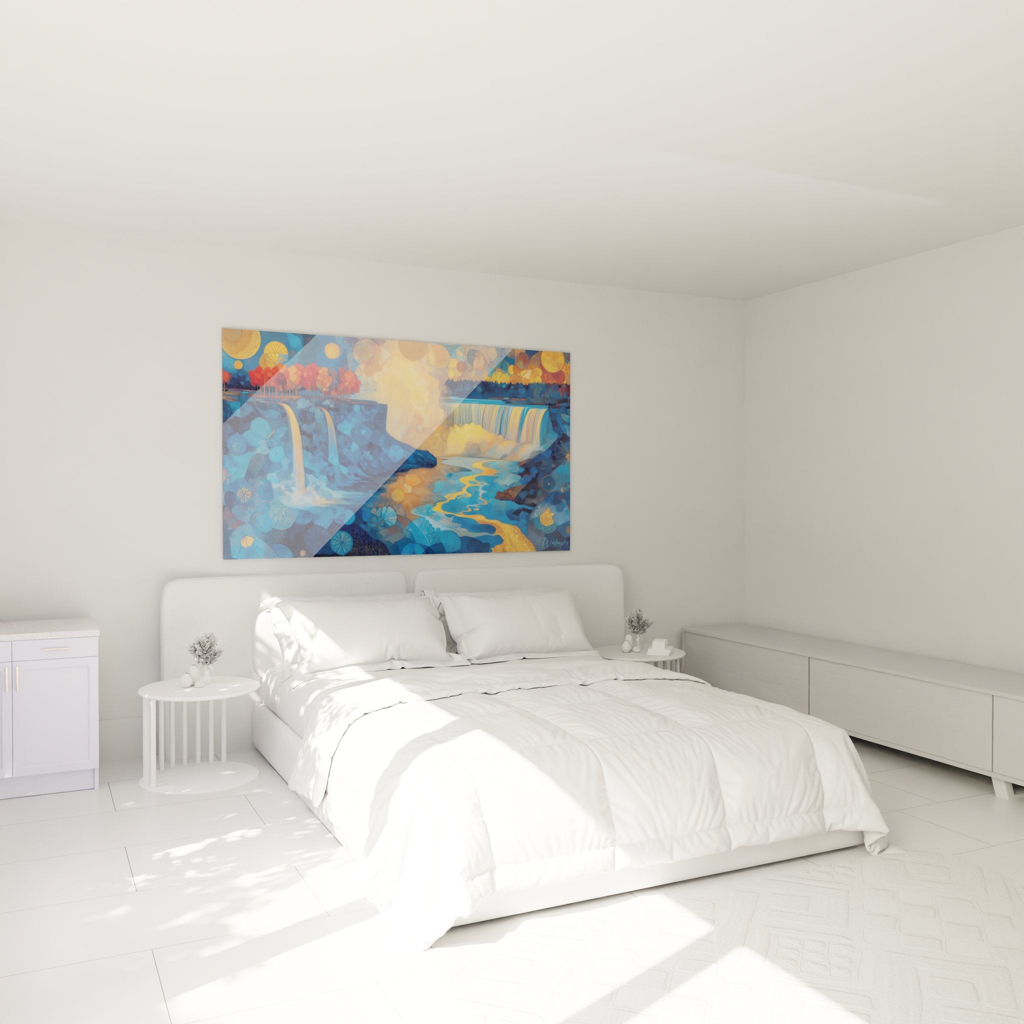 Tableau cascade abstraite décorant une chambre moderne, ambiance apaisante tons bleus dorés