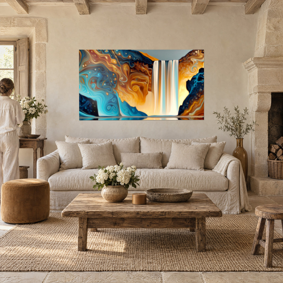 Tableau cascade abstraite tombant en rideau crème entre rochers cyan et ocre tourbillonnants, femme de dos, au-dessus d'un canapé dans un salon lumineux